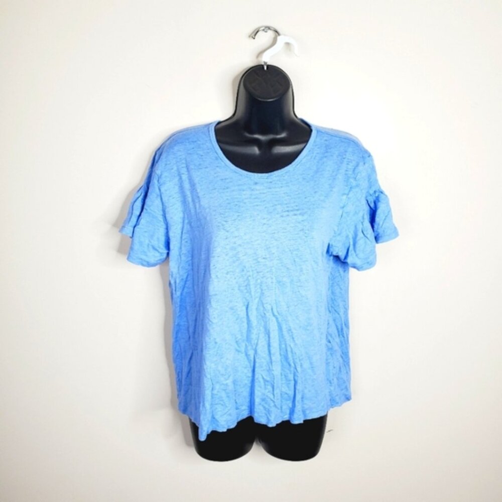 J Crew Linen Blue Flutter sleeve Fairy Coastal Boho Preppy Top Tee XL